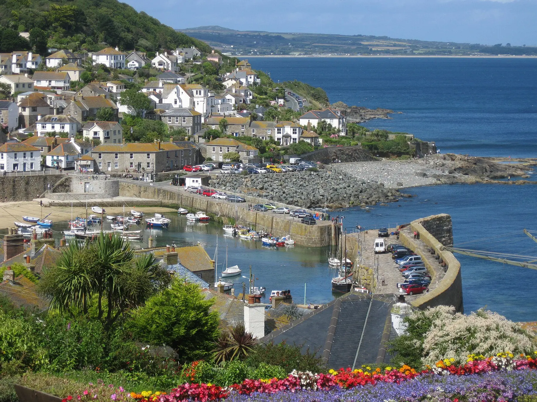 Cottages on the hillside above Mousehole harbour, Cornwall
